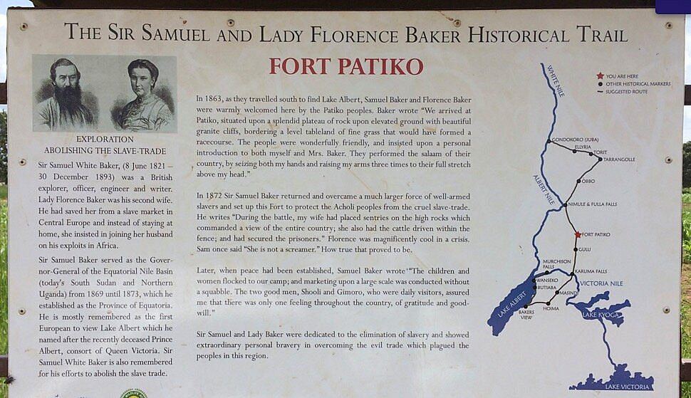 Interpretation board on the Sir Samuel and Lady Florence Baker Historical Trail at Fort Patiko